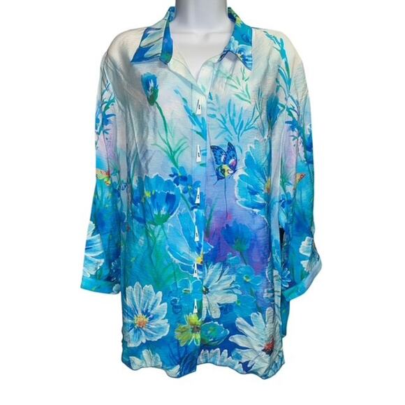 Ali Miles 1X Top Blue Floral Butterfly Rayon Nylon Crepe Button Up 3/4 Sleeves - Picture 1 of 5